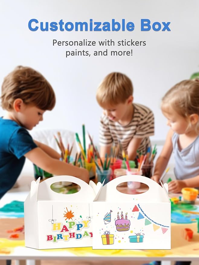 50 Pcs Small Party Treat Boxes, 6 Inch Candy Cookie Goodie Gift Bags Gable Box for Kids Birthday Party, White