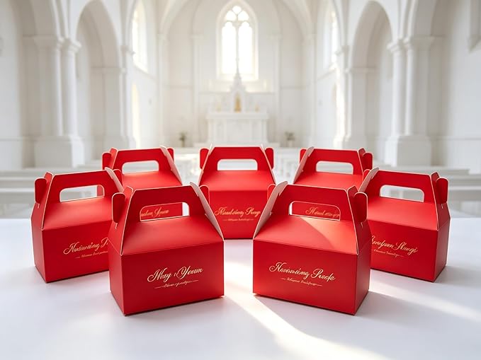 XAGLVV 24 Pack Red Cardboard Gable Boxes with Handles,Treat Goodie Party Favor Gift Box for Wedding, Birthday, Baby Shower and Any Theme Party