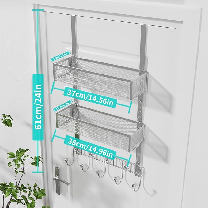HapiRm Over The Door Hanger with Coat Hooks and 2 Baskets, Rustproof & Waterproof Over The Door Hooks, Storage Organizer for Hats, Bathroom, Kitchen, Bedroom-Silver (for 1.76in Doors)