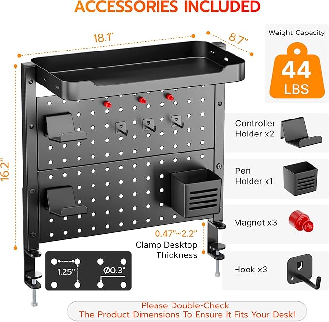 ARES WING Desk Clamp On Pegboard with 16 inches Organizer Shelf, Adjustable Above or Under Desk Storage Shelf Holds 44 lbs, Magnetic Metal Peg Board for Office and Gaming Accessories, Black