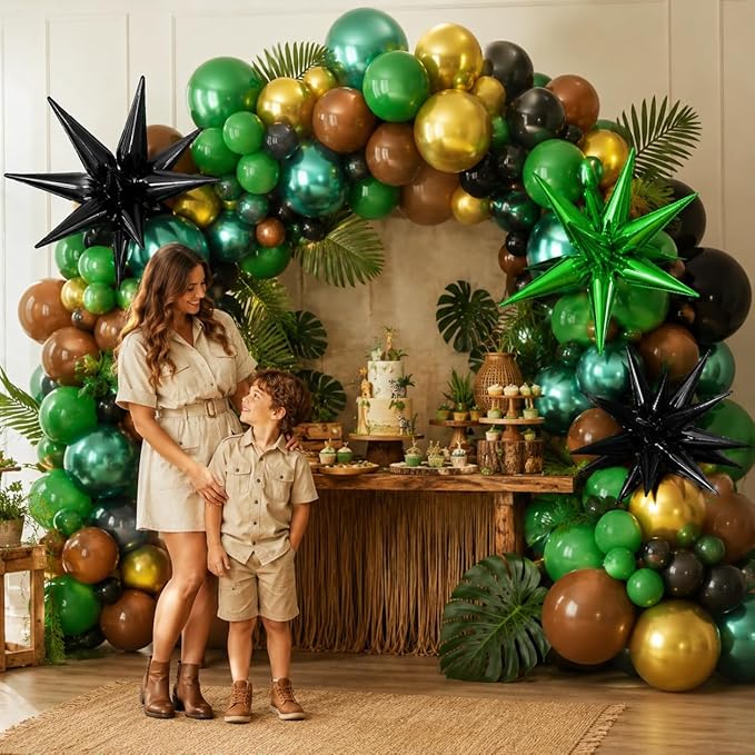 Green and Brown Balloons, 12 Inch Jungle Safari Woodland Balloon with Brown Black Dark Green Confetti Balloons Metal Balloon for Video Game Theme Birthday Wild One Party Decorations
