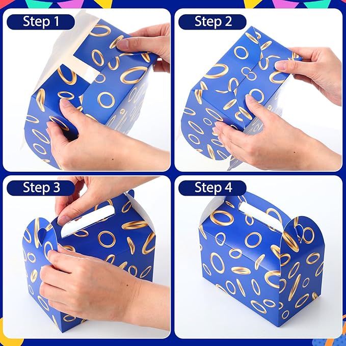 Marspark 36 Pack Blue with Gold Ring Party Favor Treat Boxes with Handles Theme Paper Goodie Candy Gift Gable Boxes for Video Game Birthday Party Decorations(Blue and Golden)
