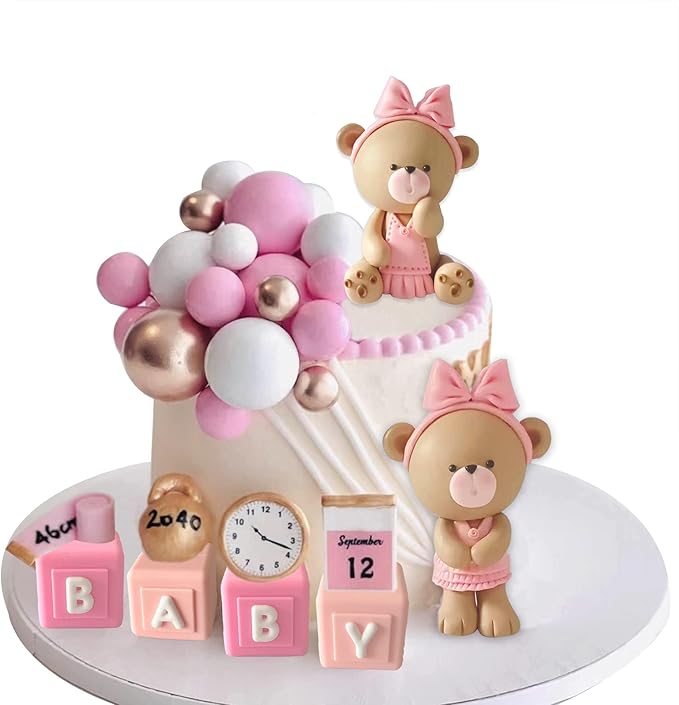 Bear Cake Toppers Balls Cake Decorations with BABY Letters for Baby Shower Gender Reveal Bear Themed Birthday Party Supplies (Girl)