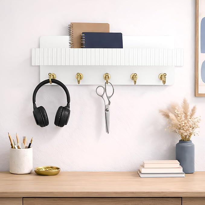 Key Holder Wall Mount, 14" Wooden Entryway Key and Mail Organizer with 5 Metal Hooks, Decorative Key Hanger Rack for Hallway Apartment, White
