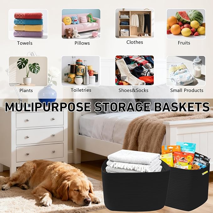 3 Pack Woven Rope Storage Baskets for Organizing,13.5"×11"×9.5" Storage Bins for Shelves,Perfect for Toys,Books,Towels,Clothes,Empty Gift Baskets for Nursery,Living Room&Bedroom(Black)