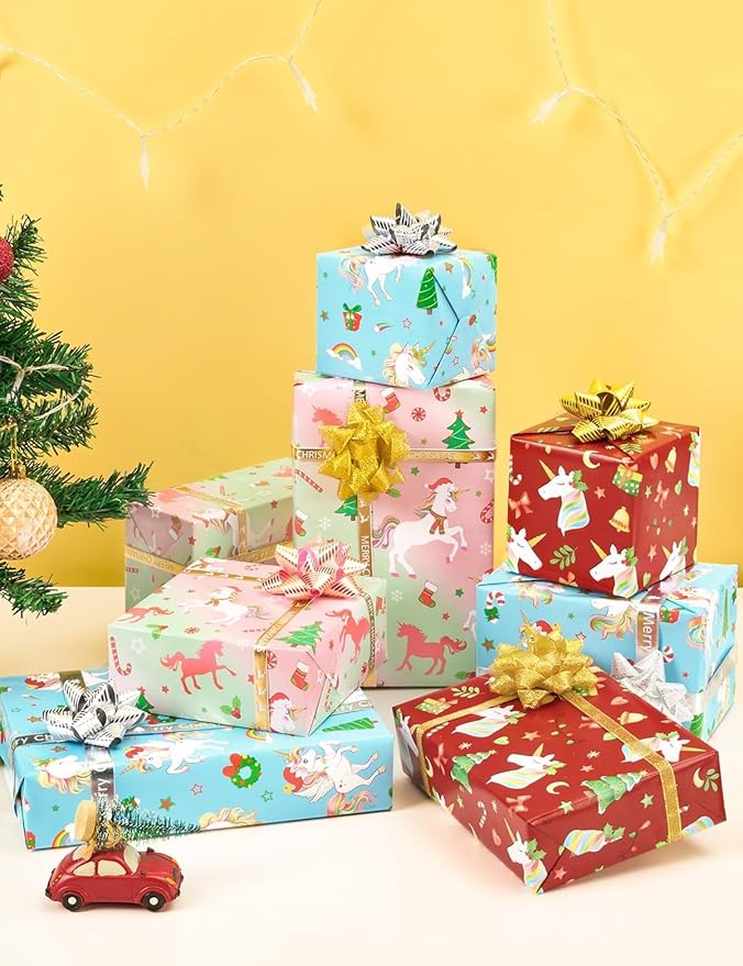 WERNNSAI Christmas Wrapping Paper - 3 Rolls 17” x 120” Christmas Unicorn Wrapping Paper Rolls Christmas Gift Wrap Paper Girls Birthday Wrapping Paper Holiday Wrapping Paper Unicorn Gift Wrap Paper