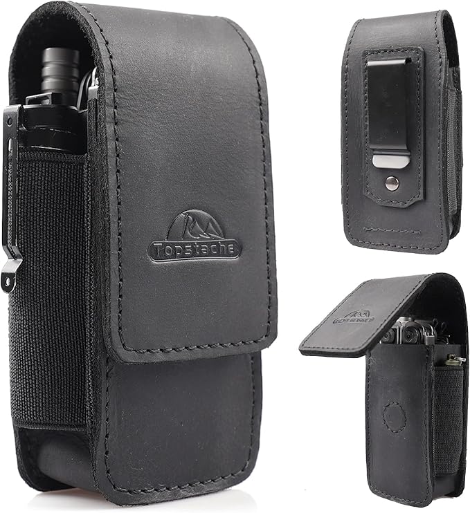 Topstache Multitool Sheath with Belt Clip - EDC Belt Organizer Multi Tool Case - Leather Multitool Holster for Belt - Magnetic Closure Leather Multitool Pouch Fits Folding Tool, Black