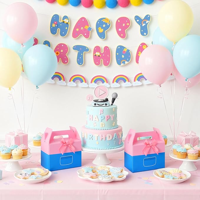 YooNotee 24 Pack Cartoon Girls Happy Birthday Party Gift Boxes Decorations Pink Cartoon Candy Boxes with Bow Colorful Goodie Bags for Birthday Party Favors