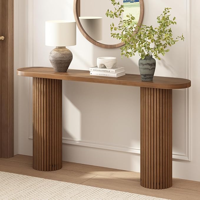 Fluted Solid Wood Console Table-55 Inches Farmhouse Entryway Table with Rounded Corners, Morden Sofa Tables Behind Couch for Foyer, Entrance, Living Room, Hallway
