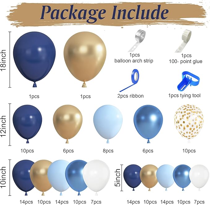 Ouddy Life 156Pcs Navy Blue and Gold Balloon Garland Arch Kit, Royal Blue White Metallic Gold Confetti Mixed Sizes Balloons for Baby Shower Wedding Birthday Anniversary Graduation Party Decorations
