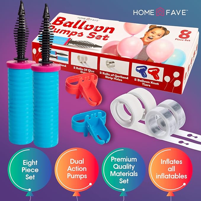Balloon Pump Balloon Arch Kit Set of 8 Balloon Pump, Dual Action Hand Held Inflator Pump - Includes 2 Air Pump for Balloons 32Ft Balloon Arch Strip 200 Dot Glue