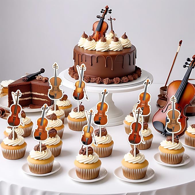 Violin Themed Party Decorations - 36pcs Violin Cupcake Toppers, Double-Sided Printed Violin Cake Decorations for Musical Instrument Themed Birthday Baby Shower Wedding Party Supplies