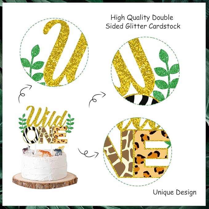 Wild One Cake Topper Jungle Animals Cupcake Toppers, Leopard Cheetah First Birthday Decorations Jungle Safari Zoo Theme Party Cake Supplies 25 Pack