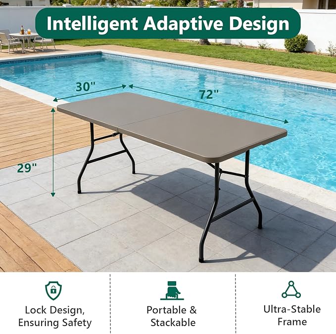 2 Pack 6ft Folding Table, Foldable Picnic Table Portable Table for Indoor Outdoor Use Heavy Duty Plastic Table Camping Table with Carry Handle for Party, BBQ, Khaki