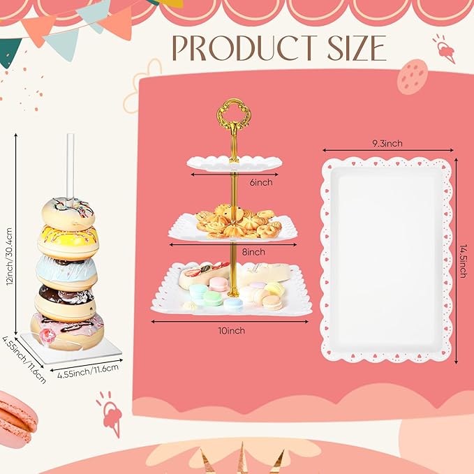 FillTouch 10 Pcs Dessert Table Display Set Including Cupcake Stand Holder Tier Tower, Serving Tray Combo, 21 Holes Lollipop Display Stand, Donut Bagel Stand, 3 Tier Large Shelf Risers, Food Clip