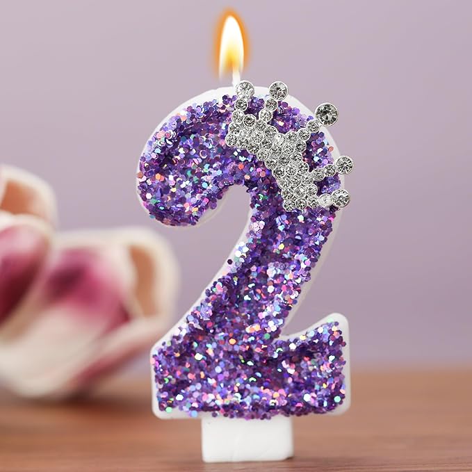 Birthday Number Candles,Purple Crown Birthday Candles for Cake,Glitter Number 2 Candle Cake Topper with Sequins for Anniversary Celebrations Supplies (Number 2)
