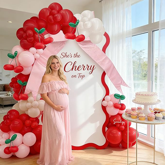 Soonlyn Cherry Balloons Arch kit, 200Pcs Cherry Birthday Decorations Red Pink White Balloons for Shes the Cherry on Top Decorations, Bridal Shower