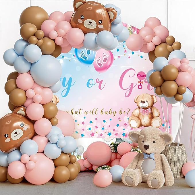 We Can Bearly Wait Baby Shower Decorations for Girl Boy, 125 Pcs Pink Blue Plastic Party Supplies - Bear Balloons,Pink Blue Brown Balloons , Backdrop for Baby Shower & Gender Reveal