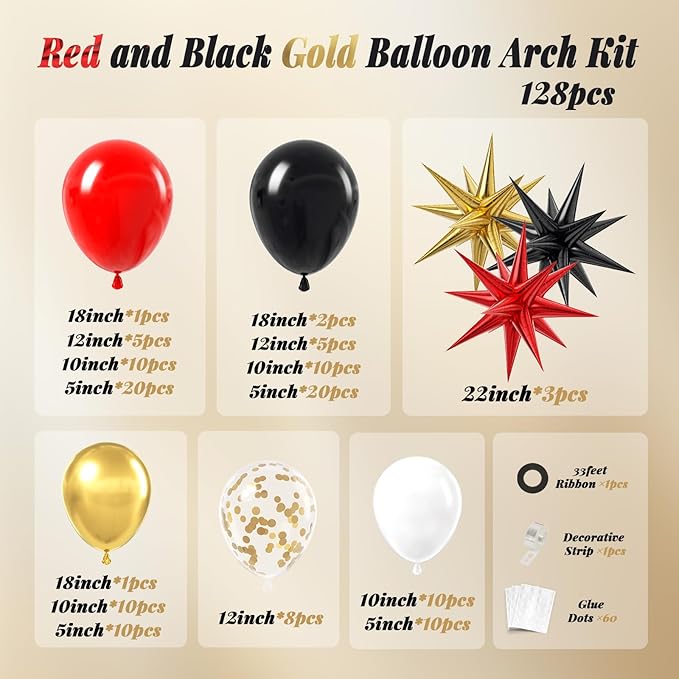 Red Black and Gold Balloons Garland Arch Kit, Red and Black Party Decorations with Gold White Balloons Confetti Latex Balloons for Graduation Anniversary Casino Movie Night Birthday Party Decorations
