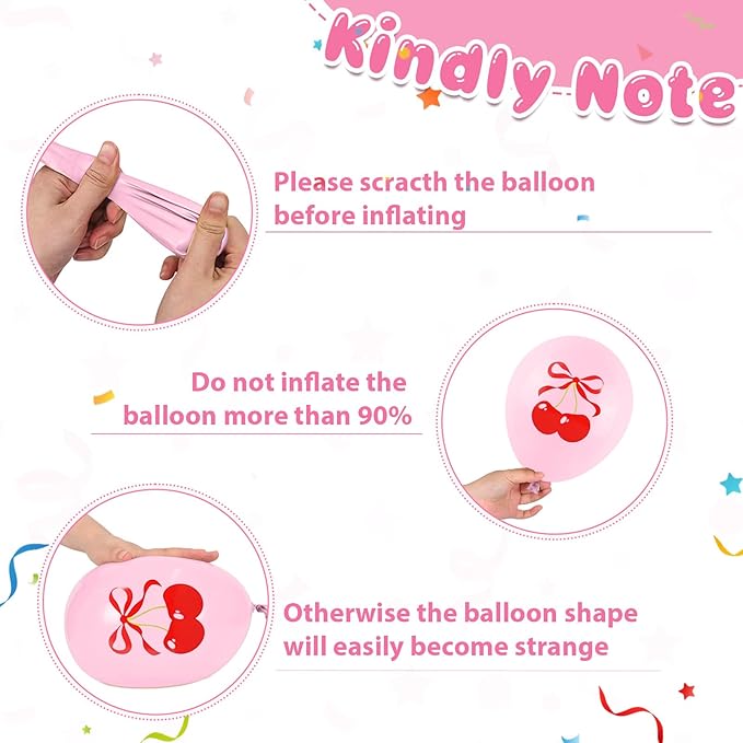 Cherry Balloons, 12 Inch Cherry Party Decorations Red Pink White Print Latex Balloons with Cherry Bow Foil Balloon for She is Cherry on Top Birthday Wedding Fruit Party Decorations