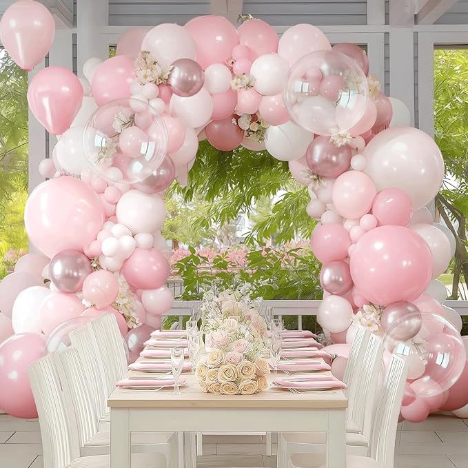 Pink and White Balloon Arch Kit, Pastel Pink Balloon Garland with Dusty Light Metallic Pink Matte White Balloons and Clear Balloons for Valentines Day Bridal Shower Wedding Party Birthday Decorations.