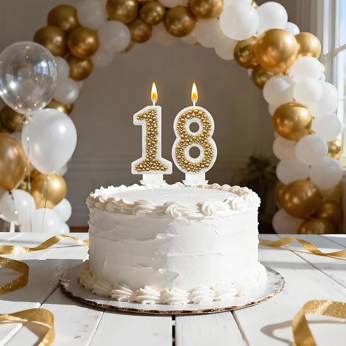 18 Birthday Number Candle for Cake, Glitter Number Candle with Gold Beads, Decorative Cake Topper for Milestone Celebrations