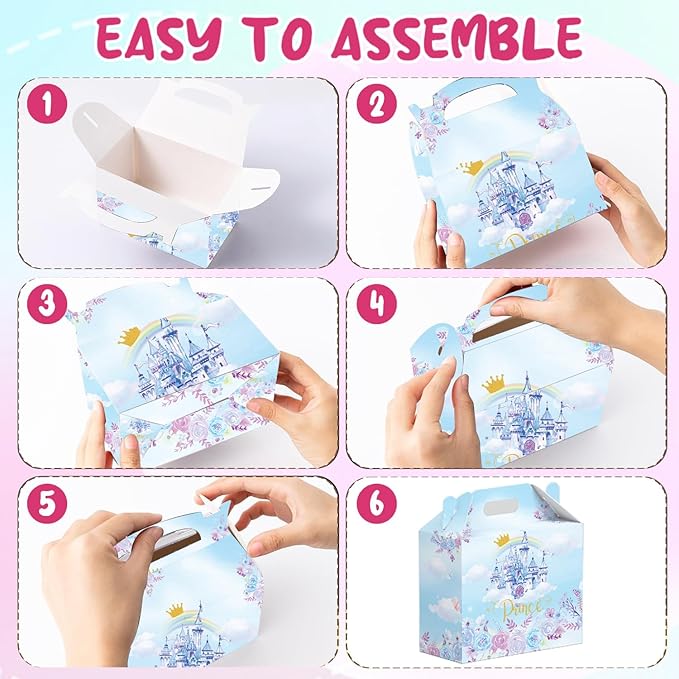 16 Pcs Princess Prince Birthday Party Favor Boxes - Pink & Blue Crown Cardboard Print Party Gift Paper Boxes with Handles, Princess Prince Party,Gender Reveal & Wedding Decorations Supplies(16-princess-box)