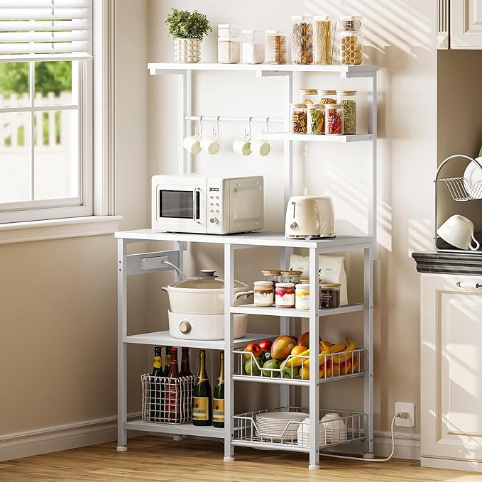 HOOBRO Large Bakers Rack with Power Outlets, 6-Tier Microwave Stand with 4 Hooks, Coffee Bar, Kitchen Shelf with Wire Basket, for Kitchen, Living Room, Office, White WW64UHB01
