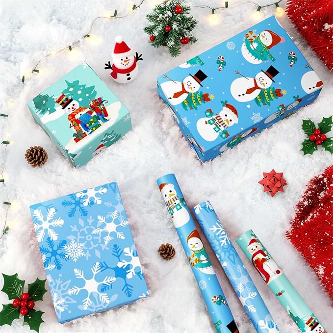 WERNNSAI Christmas Wrapping Paper - 3 Rolls 17” x 120” Snowman Wrap Papers Snowflake Blue Gift Wrapping Paper for Christmas Winter Holiday Party New Year Celebration Decoration Blue Green