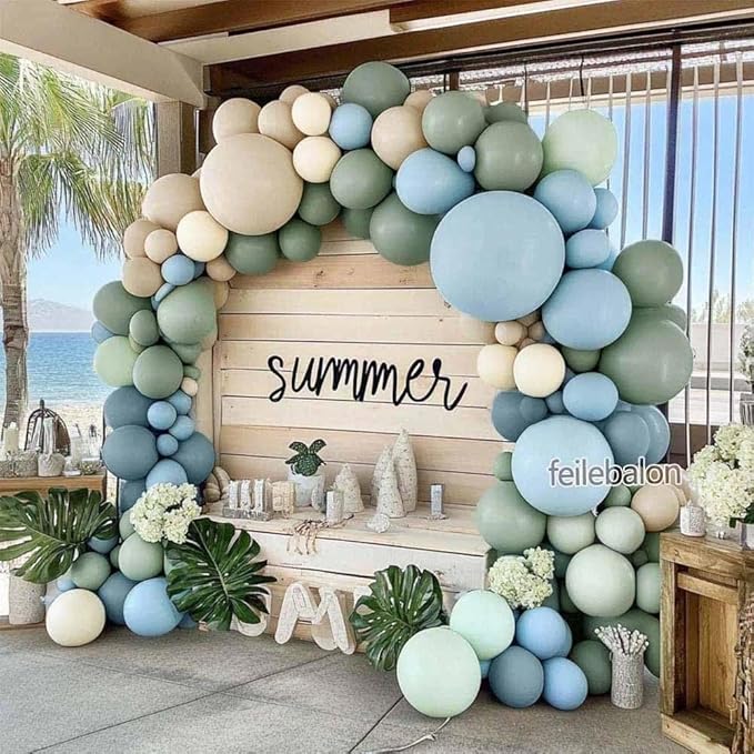Dusty Blue Green Balloon Arch Kit Double Stuffed Pastel Light Sage Green Blue White Sand Beige Balloon Garland for Birthday Baby Shower Dinosaur Wedding Wild One Ocean Silly Goose Party Decoration