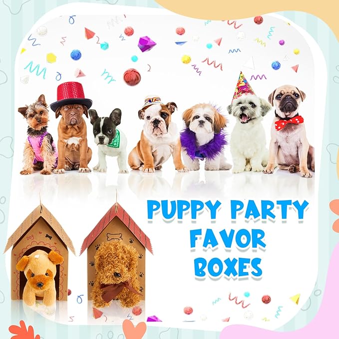 ShinyRelief 16 Pcs Dog Party Favors Boxes Dog House Shaped Treat Gift Boxes with Holes Foldable with Handle for Adopt a Puppy Party Favors Kid DIY Crafting Birthday (Kraft Paper Style)