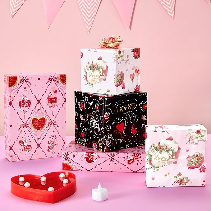 WERNNSAI Valentine Wrapping Paper Roll - 3 Rolls 17’’ x 120’’ Valentines Day Wrapping Paper Black Pink Red Heart Wrapping Paper Valentine Gifts Wrap for Men Women Flowers XOXO Design with Cutting Line