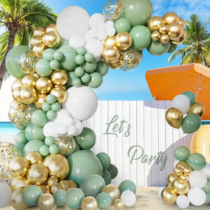 151pcs Sage Green Balloon Arch Kit Different Sizes 18 12 10 5 Inch Sage Green balloons White Gold Latex Balloons for Birthday Baby Shower Gender Reveal Wedding Engagement Party Decorations