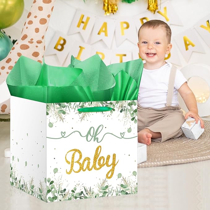 11.8" Extra Large Gift Bag Sage Green Square Giant Gift Bag with Handles and Tissue Paper Eucalyptus Oh Baby Wrapping Paper Bag for Baby Shower Birthday Newborn Gender Reveal Party Supplies