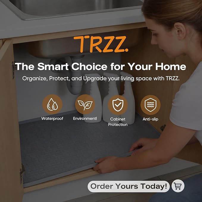 TRZZ Silicone Waterproof Under Sink Mat 28" x 19", Drip Tray and Cabinet Liner for Kitchen and Bathroom, Prevents Water Damage and Organizes Cabinets (Beige)