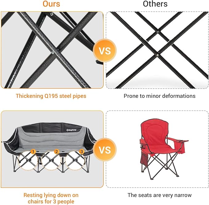 KingCamp 3 Person Camping Chair, Oversized 1100lbs Heavy Duty Loveseat for Adults Portable Folding XL 2 Person Couch Padded Comfortable Three Seat with Cup Holder for Outdoor Lawn, Khaki/Coffee