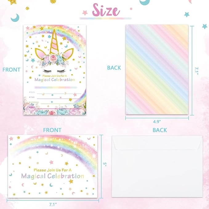 20 Sets Unicorn Party Invitations - Unicorn Party Suppies for Girls Birthday Invitation Cards with Envelopes Fill-in Blank Invite for Kids Summer Baby Shower Decoration