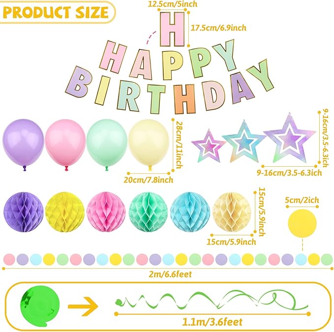 ZERODECO Birthday Decorations, Easy to Assemble Pastel Happy Birthday Banner with Honeycomb Ball, Balloon, Hanging Swirl Streamer, Garland, Happy Birthday Party Decorations for Women Girls Kids
