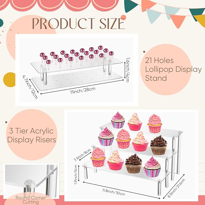FillTouch 10 Pcs Dessert Table Display Set Including Cupcake Stand Holder Tier Tower, Serving Tray Combo, 21 Holes Lollipop Display Stand, Donut Bagel Stand, 3 Tier Large Shelf Risers, Food Clip