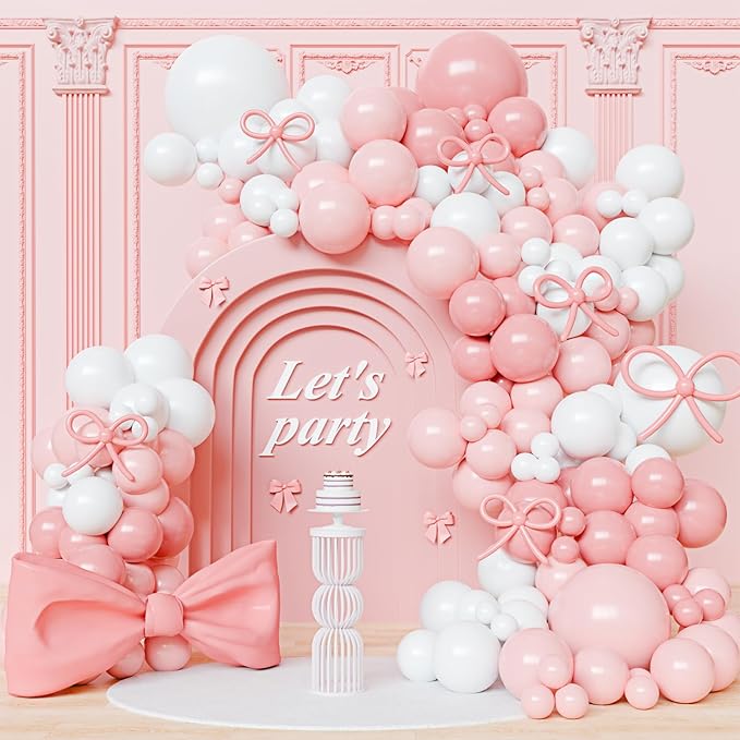 Bow Pink and White Balloon Arch Kit, 102pcs Light Pink White Bow Balloons Difference Sizes Latex Balloons with 16ft Tape Strip & Dot Glue for Pink Bow coquette Birthday Party Decorations
