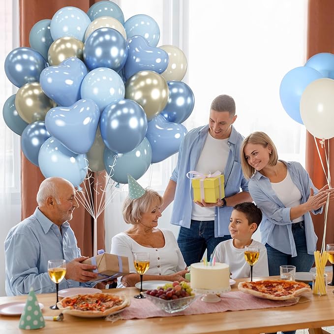 Baby Dusty Blue and Gold Balloons, 60 PCS Pastel Gold Metallic Light Blue Heart Balloons, 12 Inch 1st Birthday Decorations for Boy, Cream Balloon for Baby Bridal Shower Gender Reveal Wedding Birthday