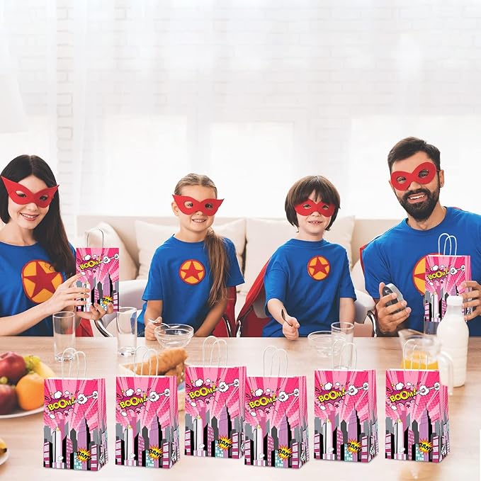 gisgfim 12 Pcs Super Girl Theme Party Supplies Bags Pink Hero Birthday Party Goody Treat Paper Bags Party Decorations Super Girl Theme Baby Shower Birthday Party Gifts 8.3 x 4.7 x 3.2 Inches