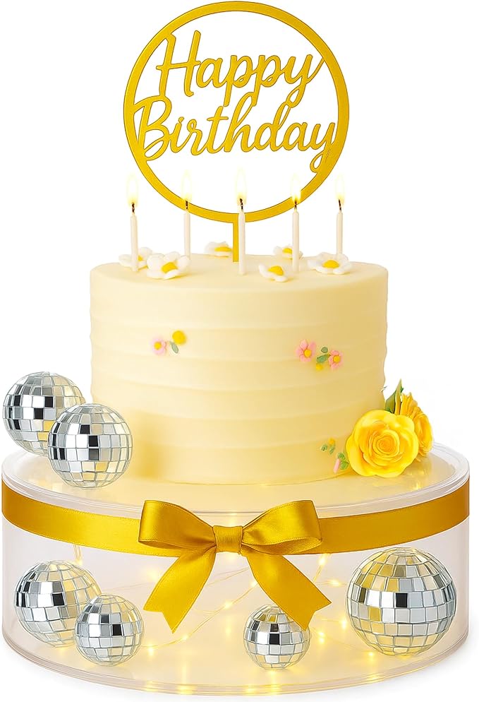 Acrylic Cake Stand and Gift Box with Disco Balls – Clear Round 8.6‘’ Display Riser with LED Lights, 6 Mirror Balls and Champagne Ribbon –Table Decor for Wedding Birthday Party Holiday Event Display (8.6‘’)