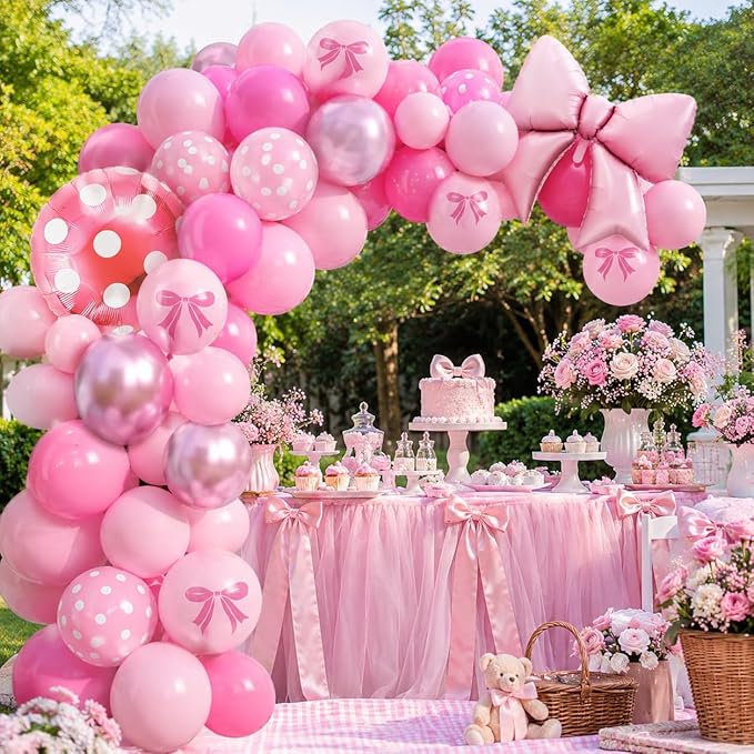 Pink Bow Balloons, 12 Inch Mouse Balloon with Hot Pink Rose Polka Dots Bow Foil Balloon Print Latex Balloons for Mouse Theme Bow's Birthday Party Decoration