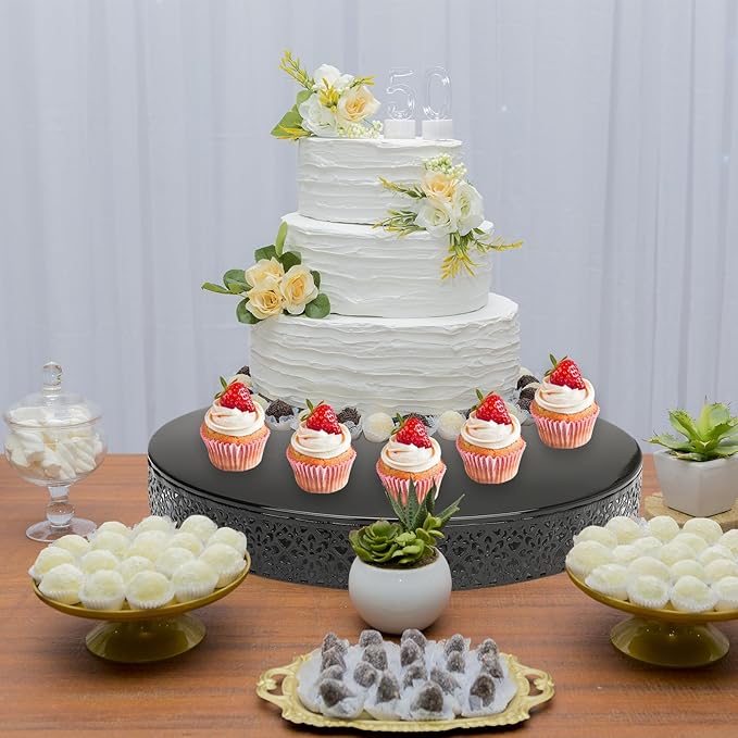 3 Piece Cake Stands Set 16'' 14'' 12'' Round Metal Cake Stands Cupcake Stand Riser Pastry Candy Display Plate for Dessert Table Wedding Event Birthday Anniversary Party (Black)