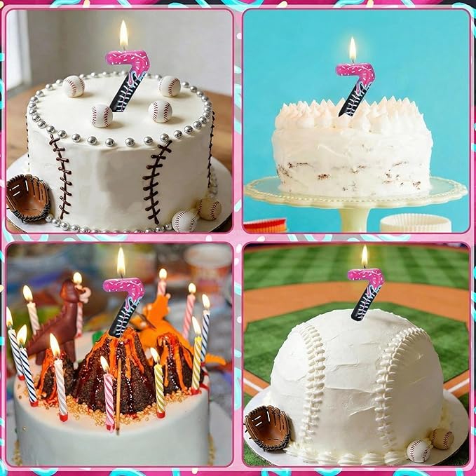 Conelist Ice Cream Drip Baseball Birthday Candle Number 7, Baseball Ice Cream Drip Birthday Cake Topper Pink Candle 7 for Cake Sport Team Theme Anniversary Celebration Party Decoration Favor Supply