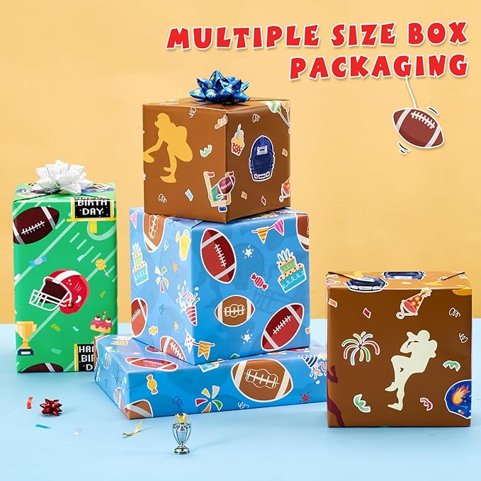 WERNNSAI Football Wrapping Paper Rolls - 3 Short Rolls Sports Gift Wrap Paper Kids for Kids Birthday Party Gift Packing Supply Green Brown Blue Wrapping Paper with Cut Lines 17 in x 10 ft
