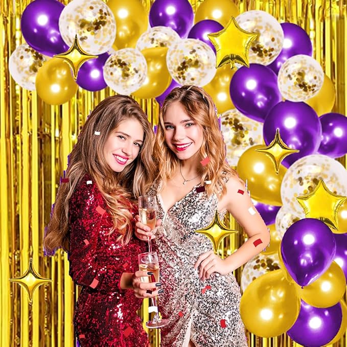Purple Gold Balloon Garland Arch - 124PCS Purple and Gold Balloons Gold Star Balloons Purple Tinsel Foil Fringe Curtain for Birthday Wedding Anniversary Graduation Party Decorations