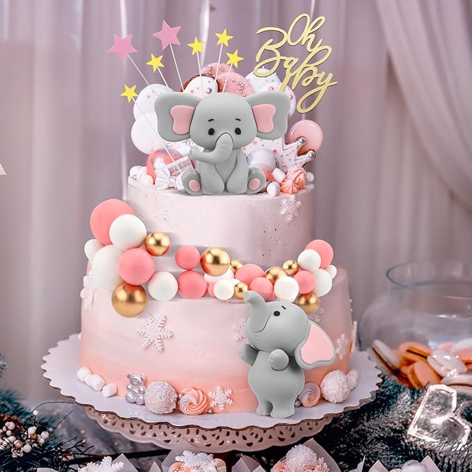 Yinder Bear Cake Toppers Mini Bear Cake Decorations Cake Toppers Gold White Pearl Ball for Birthday Party Decorations(Gray, Pink,Elephant Style)