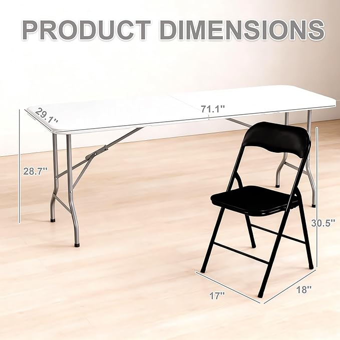 Elevon Folding Table Set with 8 Black Folding Chairs,6 Feet Heavy Duty Fold-in-Half Utility Table Sets for Picnic, Event, Training, Outdoor Activities, at Home and Commercial Use